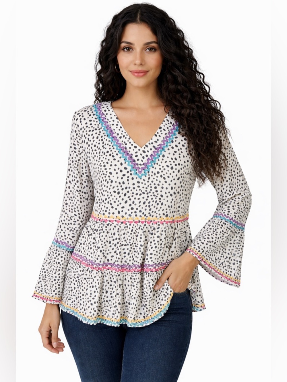 Savanna Jane Polka Dot Boho Peplum Top Bell Sleeve V Neck Embroidered Trim